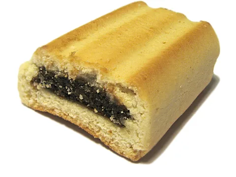 A cut fig roll showing the fig filling