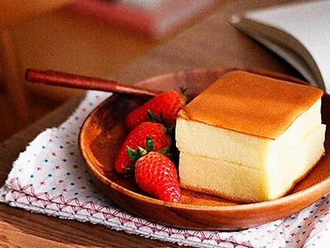 A slice of Japanese castella sponge cake
