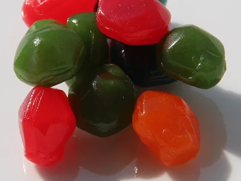 Colored liquid-filled Fruit Gushers candy pieces