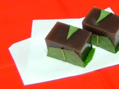 Sliced traditional Japanese red-bean yōkan jelly