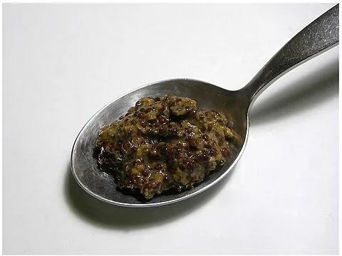 Coarse wholegrain mustard on a spoon