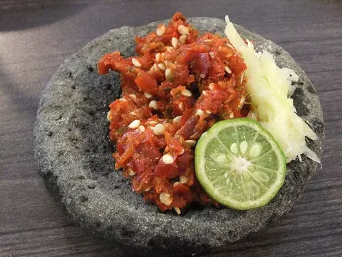 Sambal chilli paste in a mortar