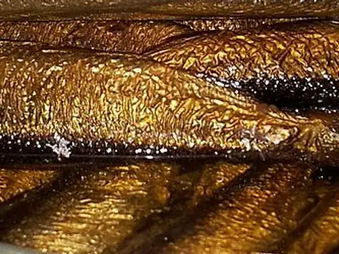 Preserved sprats in oil, shown in an opened tin