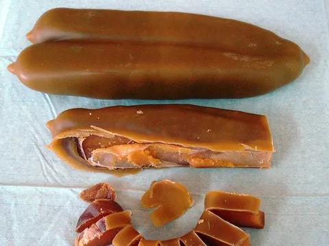 Whole and sliced cured bottarga roe from Preveza, Greece