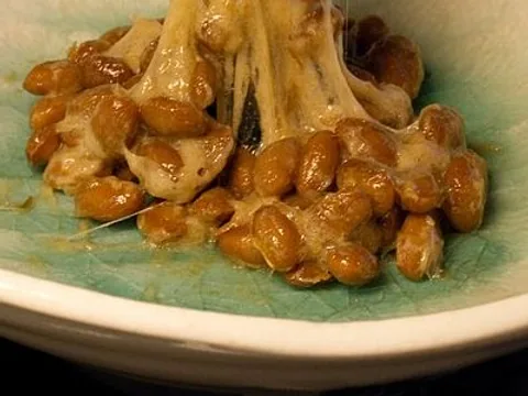 Fresh sticky fermented natto soybeans in a ceramic bowl
