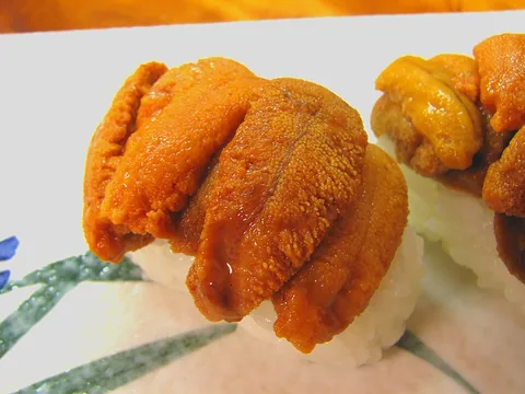 Orange sea-urchin roe lobes served as uni sushi