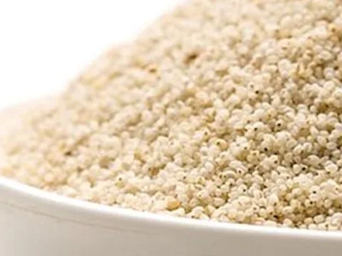 Cleaned culinary fonio grains in a white bowl