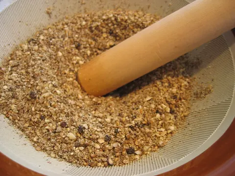 Dukkah nut and spice blend in a mortar
